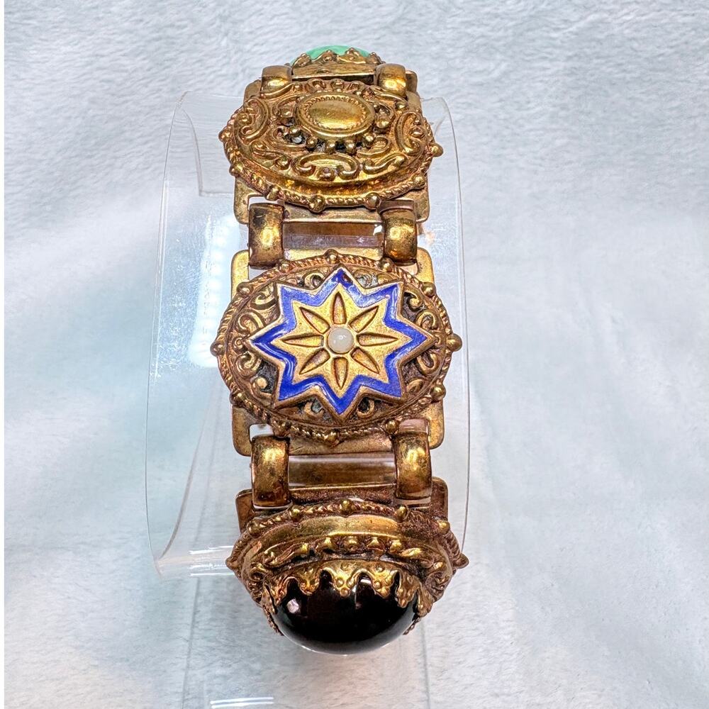Mid‑Century Euorpean Gilt Brass Panel Bracelet w Glass Stones & Cameo, 1940s–50s
